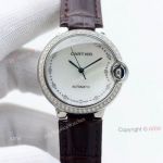 Swiss Quality 36mm Cartier Ballon Bleu Ladies Replica Watch With Diamond Bezel Brown Leather Strap 